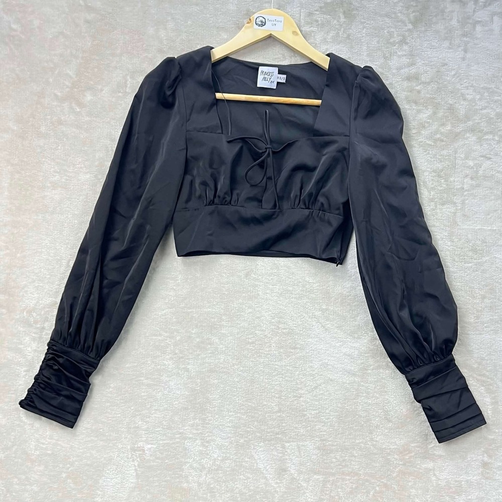 EUC Princess Polly Black Long Sleeve Crop Top Square Neck Ruched Tie Front XS/S